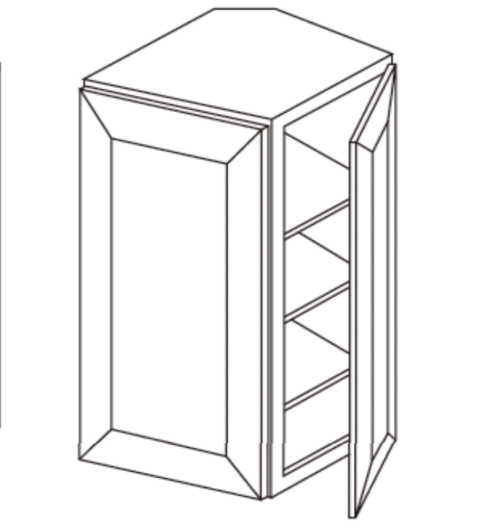 Line drawing of a corner kitchen cabinet with angled door and shelves.